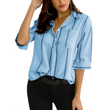 ZXZY Women Button Collar Vertial Detailing Split Hem Shirts with Pocket ...