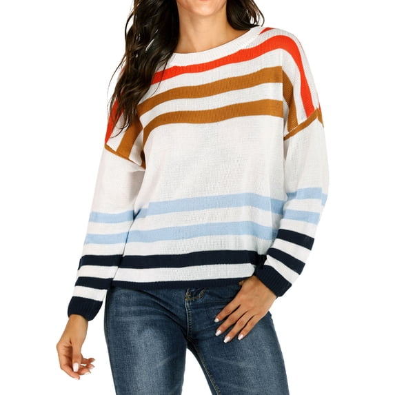 Xuanfei Women Striped Color Block Crew Neck Long Sleeve Knit Sweater