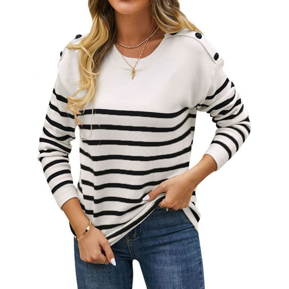 Xuanfei Women Striped Color Block Crew Neck Long Sleeve Shoulder Buttons Knitted Sweater