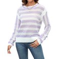 thumbnail image 1 of Xuanfei Women Striped Color Block Eyelet Cutout Ripped Crew Neck Long Sleeve Knit Sweater, 1 of 7