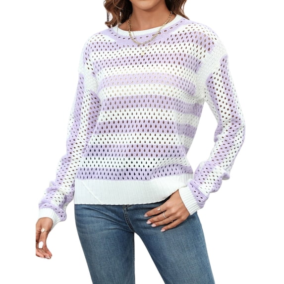 Xuanfei Women Striped Color Block Eyelet Cutout Ripped Crew Neck Long Sleeve Knit Sweater