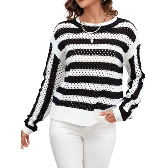Xuanfei Women Striped Color Block Eyelet Cutout Ripped Crew Neck Long Sleeve Knit Sweater
