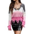 thumbnail image 1 of Xuanfei Women Striped Colorblock Deep V Neck Long Sleeve Fringed Ripped Crop Sweater, 1 of 7