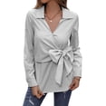 thumbnail image 1 of Xuanfei Women Striped Lapel V Neck Bowknot Tie Front Long Sleeve Blouse, 1 of 7
