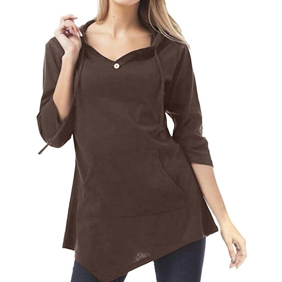 Xuanfei Women V Neck 3/4 Sleeve Kangaroo Pocket Irregular Hem Hooded Top