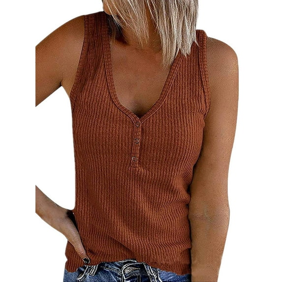 Xuanfei Women V Neck Buttons Solid Color Sleeveless Ribbed Tank Top