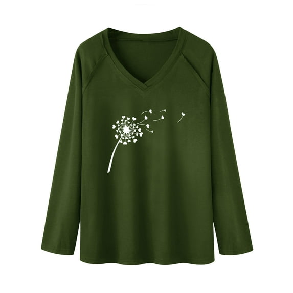 Xuanfei Women V Neck Dandelion Heart Print Long Sleeve Top