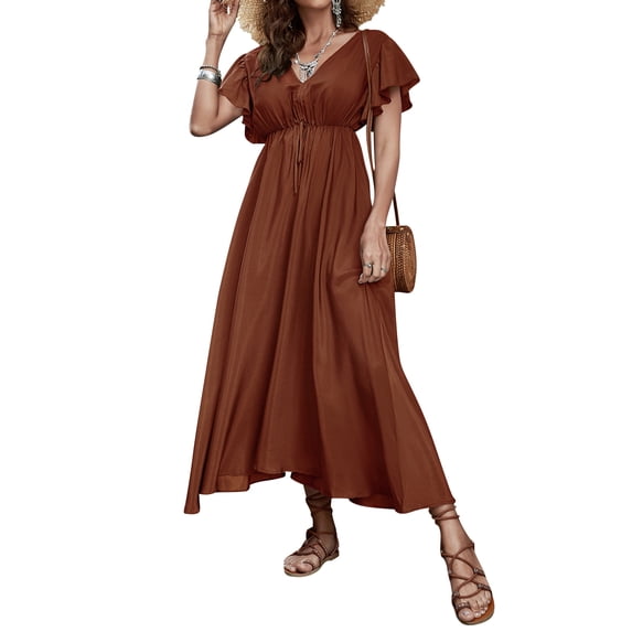 Xuanfei Women V Neck High Waist Ruffle Sleeve Open Back Lace Up Maxi Dress