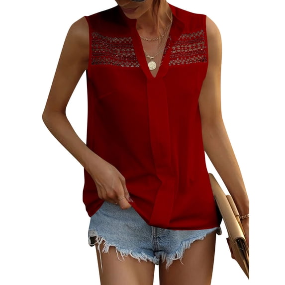 Xuanfei Women V Neck Lace Hollow Out Sleeveless Patchwork Shirt