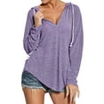 thumbnail image 1 of Xuanfei Women V Neck Long Sleeve Curve Hem Drawstring Hoodie, 1 of 7