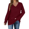 thumbnail image 1 of Xuanfei Women V Neck Long Sleeve Solid Color Waffle Knitted Shirt, 1 of 2