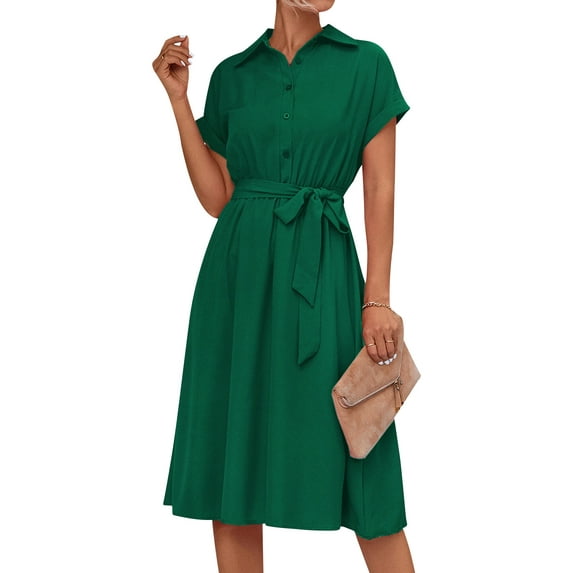 Xuanfei Women V Neck Short Sleeve Button Front Belted Swing Hem Shirt Midi Dress