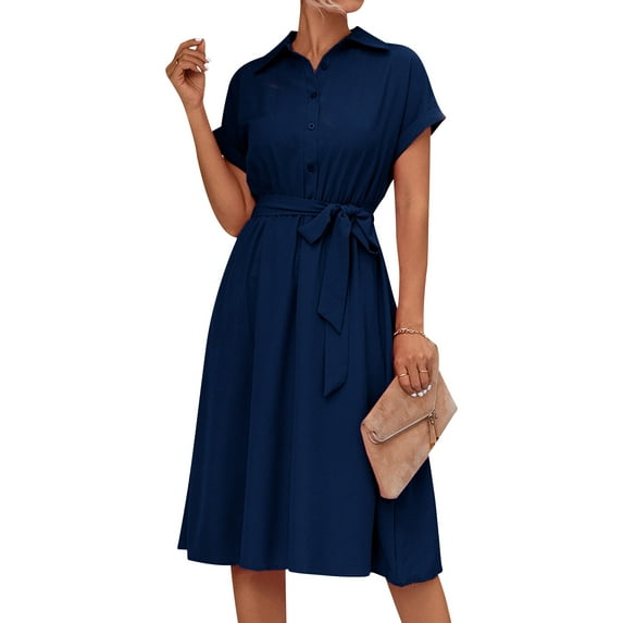Xuanfei Women V Neck Short Sleeve Button Front Belted Swing Hem Shirt Midi Dress