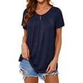 thumbnail image 1 of Xuanfei Women V Neck Short Sleeve Pleated Curve Hem Solid Color T-shirt, 1 of 8