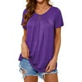 thumbnail image 1 of Xuanfei Women V Neck Short Sleeve Pleated Curve Hem Solid Color T-shirt, 1 of 8