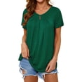 thumbnail image 1 of Xuanfei Women V Neck Short Sleeve Pleated Curve Hem Solid Color T-shirt, 1 of 8