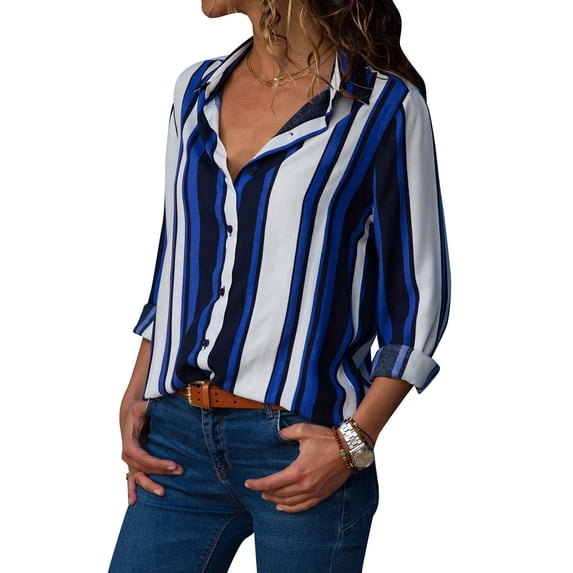 Xuanfei Women Vertical Stripes Color Block Lapel Collar Button Down Long Sleeve Shirt