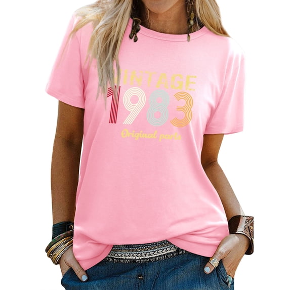 Xuanfei Women Vintage 1983 Original Parts Letter Print Round Neck Short Sleeve T-Shirt