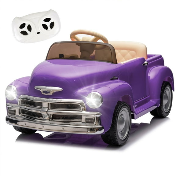 Xuanlur 12V 7AH Ride on Toys for Kids, Licensed Chevrolet 3100 Pickup Ride on Truck w/Parents Control, Electric Cars w/Storage Space, 3-Speeds, LED Lights, Music, Retro Style, Purple