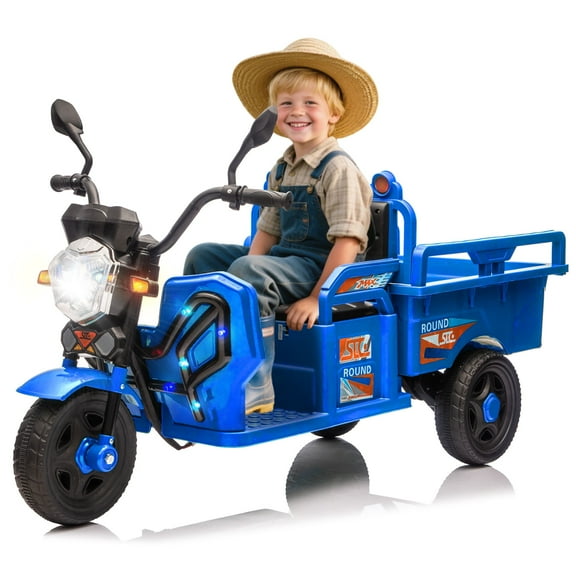 Xuanlur 12V Kids Electric 3-Wheel Cargo Truck, Ride on Toy with 12.6" Extra Wide Seat, Toddler Ride on Car with Large Storage Space, Music, Non-Slip 3-Wheel Design & LED Lights (Blue)