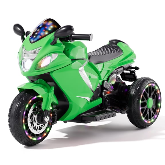 Xuanlur 24V Electric Motorcycle for Kids, 3 Wheel Kids Motorcycle with LED Light Up Wheels, Dual 390 Motors, Speed Up to 5 mph, Bluetooth Music, Ride On Toy for Kids 3-8 Years Old, Green