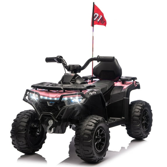 Xuanlur 24V Kids ATV 4 Wheeler, 160W Motor Ride On Toy for Big Kids, 5 Mph Max Speed, Bluetooth, Multi Color Lights, Volume Control, Decorative Flags, Electric ATV for Kids Ages 3+ (Pink)