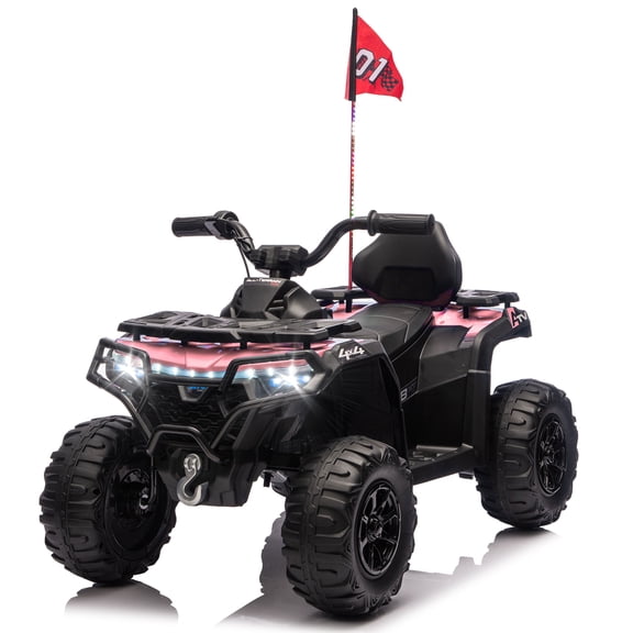 Xuanlur 24V Kids ATV 4 Wheeler, 160W Motor Ride On Toy for Big Kids, 5 Mph Max Speed, Bluetooth, Multi Color Lights, Volume Control, Decorative Flags, Electric ATV for Kids Ages 3+ (Pink)