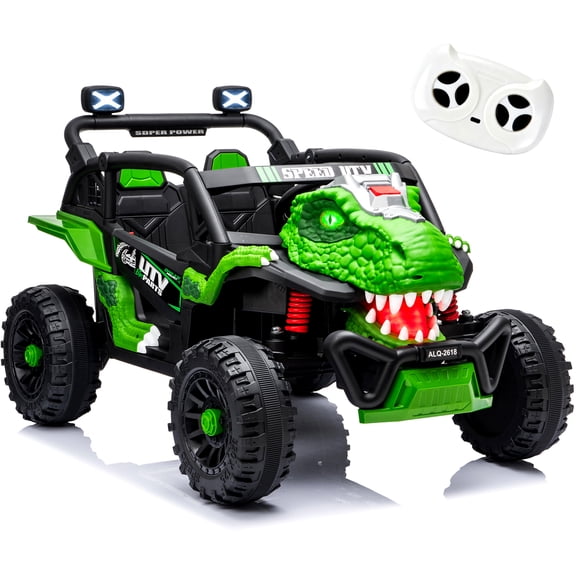Xuanlur 24V 2 Seater Dinosaur Ride on Car for Kids w/Remote Control, Battery Powered Off-Road UTV, 400W Motors, 4-Wheel Suspension, Sturdy Roll Cage, Bumper, Lights, Electric Car for Big Kids, Green