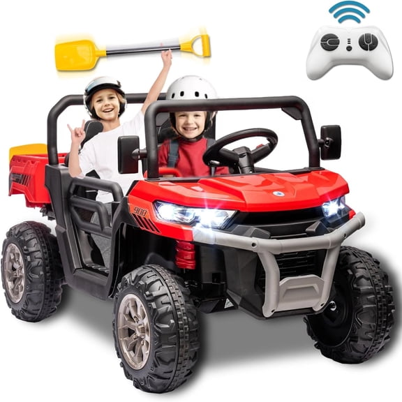Xuanlur 24V 2 Seater Kids Ride on Car Truck, Ride on UTV W/ 2x200W Motor, 24 Volt Ride on Toys W/ Dump Bed/Shovel, Electric Car for Kids W/ Durable Tires, LED Light, Music, Remote Control, Red