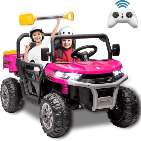 Xuanlur 24V 2 Seater Kids Ride on Car Truck, Ride on UTV W/ 2x200W Motor, 24 Volt Ride on Toys W/ Dump Bed/Shovel, Electric Car for Kids W/ Durable Tires, LED Light, Music, Remote Control, Pink