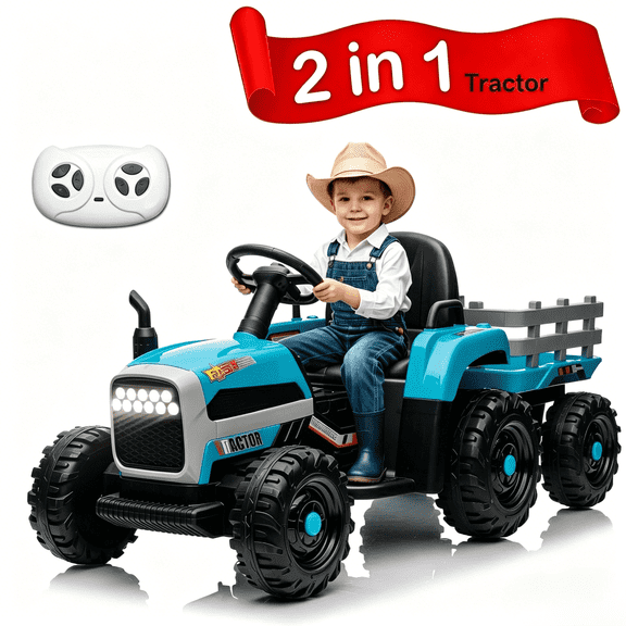 Xuanlur 24 Ride on Tractor with Detachable Trailer, 400W Motor, Ride on Toys for Kids w/Remote Control, LED, Bluetooth, 3 Speed, Ride on Car for Ages 3+, Blue
