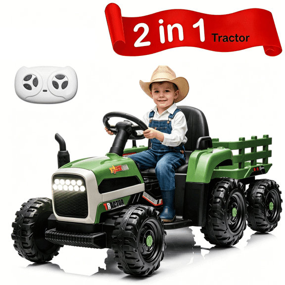 Xuanlur 24 Ride on Tractor with Detachable Trailer, 400W Motor, Ride on Toys for Kids w/Remote Control, LED, Bluetooth, 3 Speed, Ride on Car for Ages 3+, Emerald