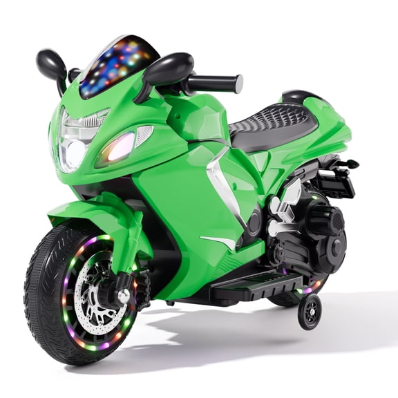Xuanlur 24V Electric Motorcycle for Kids, Kids Motorcycle with Training Wheels, LED Light Up Wheels, Dual 390 Motors, Speed Up to 7 mph, Bluetooth Music, Ride On Toy for Kids 3-8 Years Old, Green