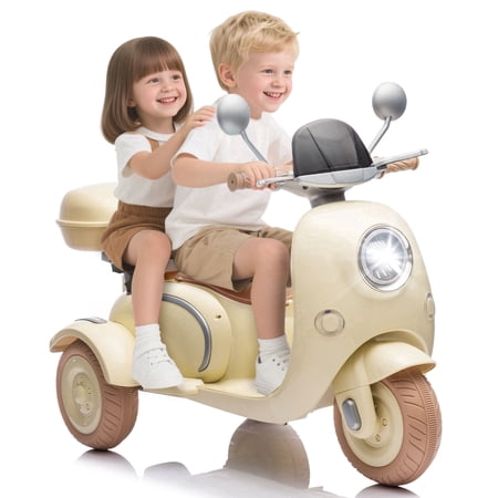 Xuanlur 12V Kids Electric Motorcycle, 3 Wheel 2 Seater Ride on Motorcycle w/Remote Control, 25W*2 Motors Electric Motorcycle w/Big Storage Box, Music, Horn, Light, Ride on Toys for Kids 3-8, Beige