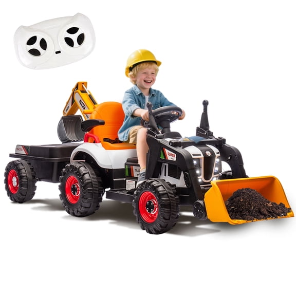 Xuanlur 24V Ride on Excavator with 4-in-1 Construction Attachments (Excavator, Dump Truck & Bulldozer), Ride on Tractor w/Remote Control, Swivel Seat, Kids Electric Vehicles for Kids 3+ (Orange)