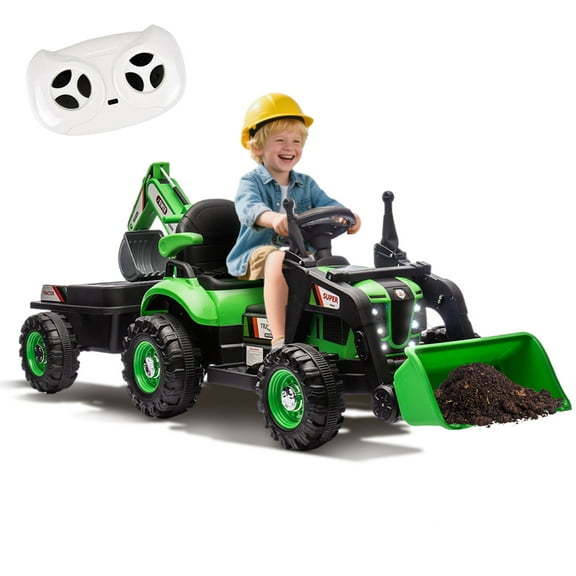 Xuanlur 24V Ride on Excavator with 4-in-1 Construction Attachments (Excavator, Dump Truck & Bulldozer), Ride on Tractor w/Remote Control, Swivel Seat, Kids Electric Vehicles for Kids 3+ (Green)