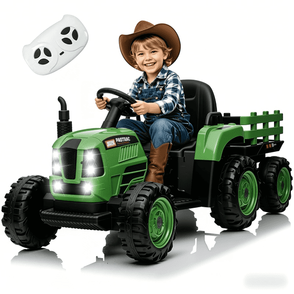 Xuanlur 24V Powered Ride on Tractor, 24 Volt Ride on Toys Car for Kids with Trailer, Max 5Mph, Remote Control, Music Player, Bluetooth, LED Light, 400W Power Car Wheels-Emerald