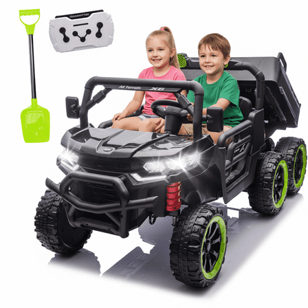 Xuanlur 24V Ride On Toys for Big Kids W/20" Seat, 4WD 6X6 2 Seater Ride On Dump Truck with Remote Control, 3 Speeds, High Efficiency Battery, 4X100 Motors, Music, Ride On Car for Boys Girls, Black