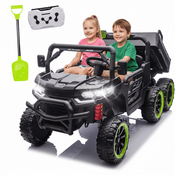 Xuanlur 24V Ride On Toys for Big Kids W/20" Seat, 4WD 6X6 2 Seater Ride On Dump Truck with Remote Control, 3 Speeds, High Efficiency Battery, 4X100 Motors, Music, Ride On Car for Boys Girls, Black