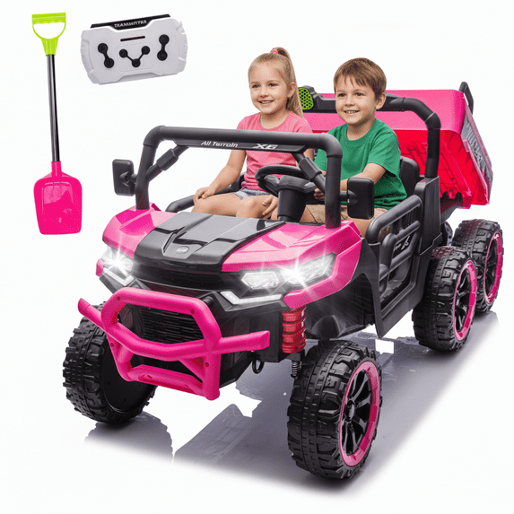 Xuanlur 24V Ride On Toys for Big Kids W/20" Seat, 4WD 6X6 2 Seater Ride On Dump Truck with Remote Control, 3 Speeds, High Efficiency Battery, 4X100 Motors, Music, Ride On Car for Boys Girls, Pink