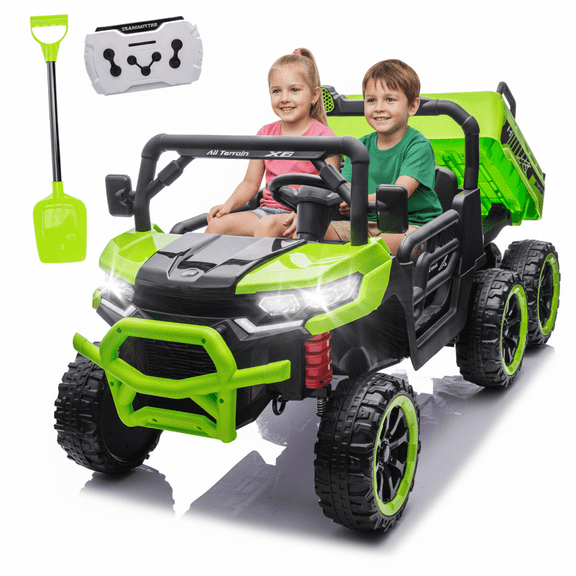 Xuanlur 24V Ride On Toys for Big Kids W/20" Seat, 4WD 6X6 2 Seater Ride On Dump Truck with Remote Control, 3 Speeds, High Efficiency Battery, 4X100 Motors, Music, Ride On Car for Boys Girls, Green
