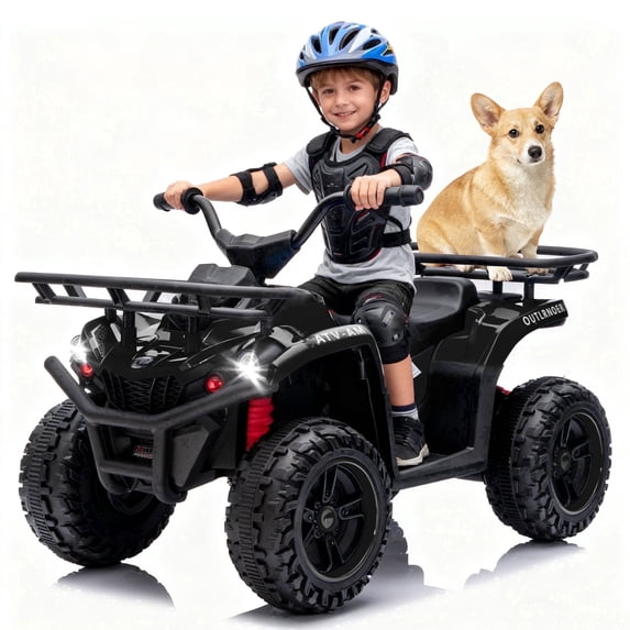 24V Ride on Car, Kids ATV Quad with Bluetooth Music w/Storage Racs, Anti-Slip Tires, 160W Motors, Crash Bars, Power Display, LED Lights & Bluetooth, 24 Volt Ride on Toys for Toddlers Ages 3+, Black