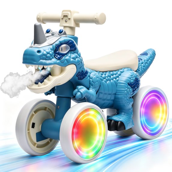 Xuanlur Dinosaur Balance Bike for 1-3 Year Olds, Toddler Bike with EVA Tires, Light-Up Wheels, Baby Bike with Music & Mist Spray Effects, Dinosaur Ride on Toy, Perfect First Birthday Gift, Blue
