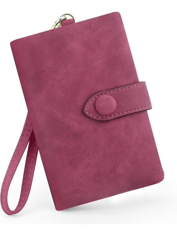 Women's Trifold Wallet, RFID Blocking Faux Suede PU Leather, Vintage Wristlet Wallets for Women with 15 Card Slots, Wine Red