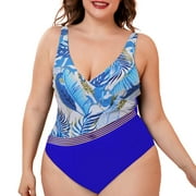 Xuapaodt INC Plus size women's swimsuit 2024 New Printed Retro Swimsuit Large Size Siamese Deep V Sling Covering Meat Slimming Swimsuit Women Blue L