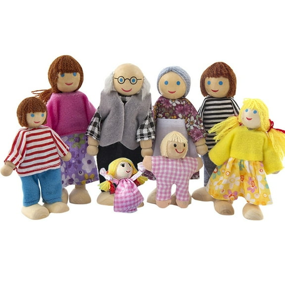 Educational Miniature Doll Wooden Toy Set for Kids - 8 Family Figures with Furniture for Imaginative Play and Development