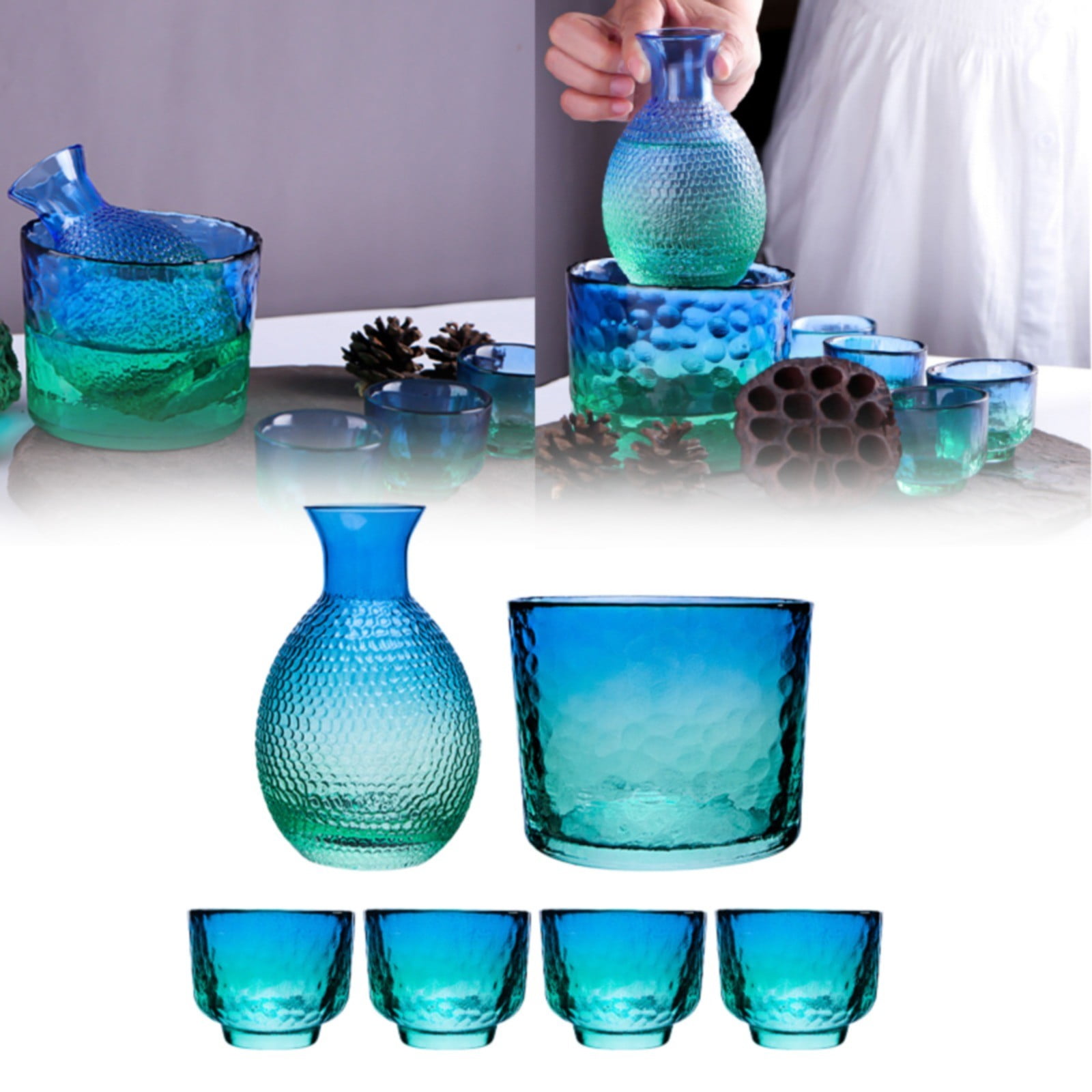 Xubond Glass Cups, Blue Hammer Clear Hip Flask Wine Glass Suit Set