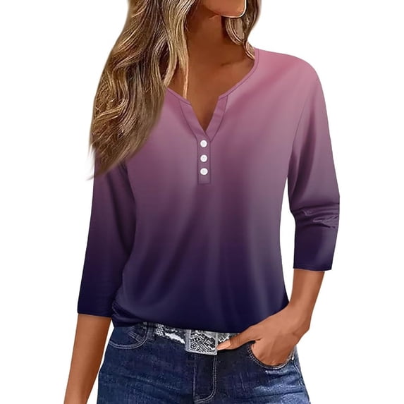 Xuboway 3/4 Length Sleeve Womens Tops Button Down Summer V Neck Shirts Henley Blouses Dressy Fashion Three Quarter Length Sleeve Blouse Clothes