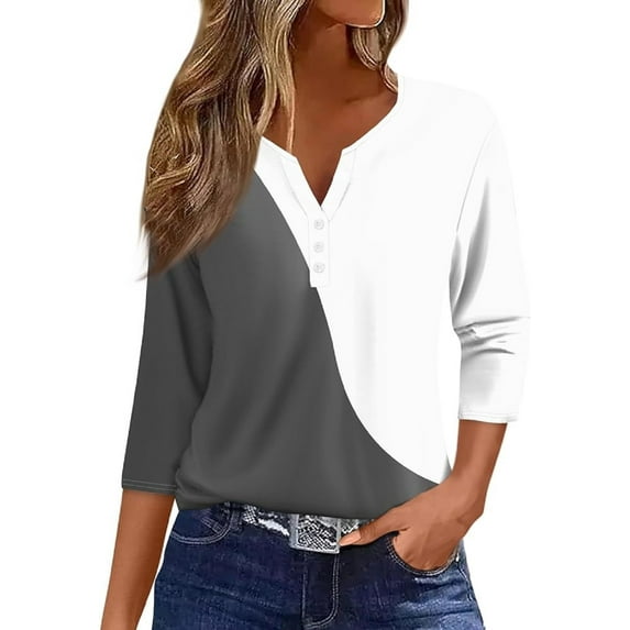 Xuboway 3/4 Length Sleeve Womens Tops Button Down Summer V Neck Shirts Henley Blouses Dressy Fashion Three Quarter Length Sleeve Blouse Clothes