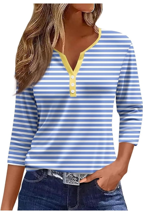 3/4 length sleeve womens tops 2025 Spring Henley Neck Casual Print Tunic T Shirts Three Quarter Length Womens Tops